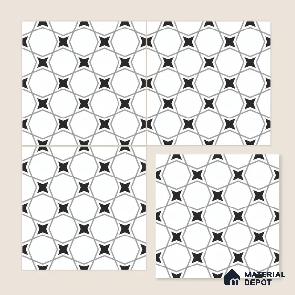 Moroccan Floor & Wall Tile TL 07629 Monochrome Star Lattice 1 ft x 1 ft Matte Finish Vitrified Tile - 9 mm | Suitable For Bathroom, Kitchen, Entryway | Please Expect a Slight Variation of Pattern