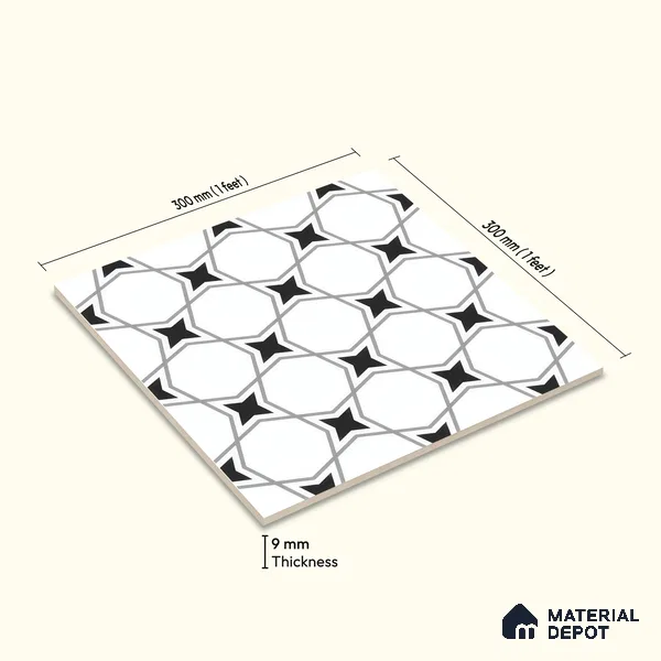 Moroccan Floor & Wall Tile TL 07629 Monochrome Star Lattice 1 ft x 1 ft Matte Finish Vitrified Tile - 9 mm | Suitable For Bathroom, Kitchen, Entryway | Please Expect a Slight Variation of Pattern