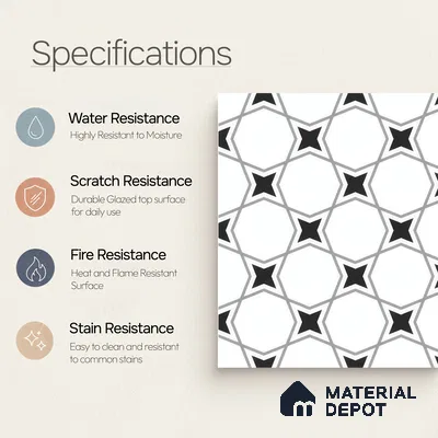 Moroccan Floor & Wall Tile TL 07629 Monochrome Star Lattice 1 ft x 1 ft Matte Finish Vitrified Tile - 9 mm | Suitable For Bathroom, Kitchen, Entryway | Please Expect a Slight Variation of Pattern
