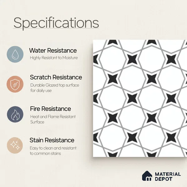 Moroccan Floor & Wall Tile TL 07629 Monochrome Star Lattice 1 ft x 1 ft Matte Finish Vitrified Tile - 9 mm | Suitable For Bathroom, Kitchen, Entryway | Please Expect a Slight Variation of Pattern