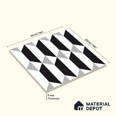 Moroccan Floor & Wall Tile TL 07630 Monochrome Prism Noir 1 ft x 1 ft Matte Finish Vitrified Tile - 9 mm | Suitable For Bathroom, Kitchen, Entryway | Please Expect a Slight Variation of Pattern