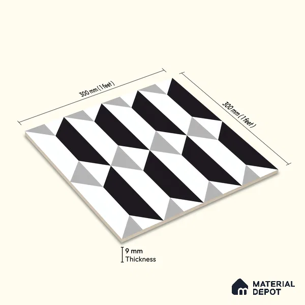 Moroccan Floor & Wall Tile TL 07630 Monochrome Prism Noir 1 ft x 1 ft Matte Finish Vitrified Tile - 9 mm | Suitable For Bathroom, Kitchen, Entryway | Please Expect a Slight Variation of Pattern