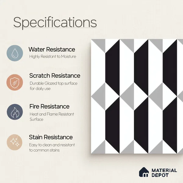 Moroccan Floor & Wall Tile TL 07630 Monochrome Prism Noir 1 ft x 1 ft Matte Finish Vitrified Tile - 9 mm | Suitable For Bathroom, Kitchen, Entryway | Please Expect a Slight Variation of Pattern