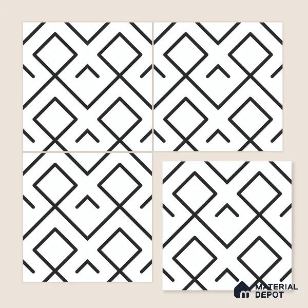 Moroccan Floor & Wall Tile TL 07631 Monochrome Diamond Grid 1 ft x 1 ft Matte Finish Vitrified Tile - 9 mm | Suitable For Bathroom, Kitchen, Entryway | Please Expect a Slight Variation of Pattern