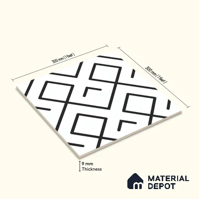 Moroccan Floor & Wall Tile TL 07631 Monochrome Diamond Grid 1 ft x 1 ft Matte Finish Vitrified Tile - 9 mm | Suitable For Bathroom, Kitchen, Entryway | Please Expect a Slight Variation of Pattern