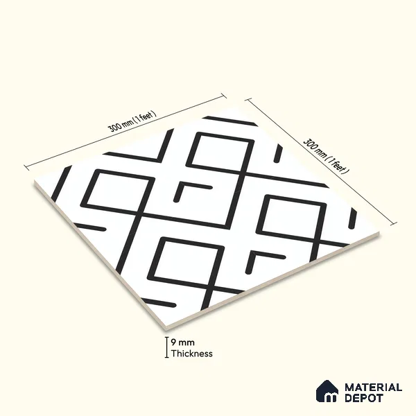 Moroccan Floor & Wall Tile TL 07631 Monochrome Diamond Grid 1 ft x 1 ft Matte Finish Vitrified Tile - 9 mm | Suitable For Bathroom, Kitchen, Entryway | Please Expect a Slight Variation of Pattern