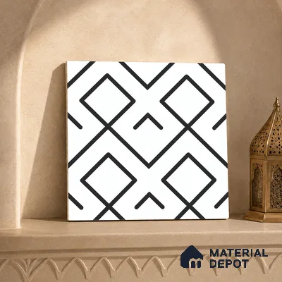 Moroccan Floor & Wall Tile TL 07631 Monochrome Diamond Grid 1 ft x 1 ft Matte Finish Vitrified Tile - 9 mm | Suitable For Bathroom, Kitchen, Entryway | Please Expect a Slight Variation of Pattern