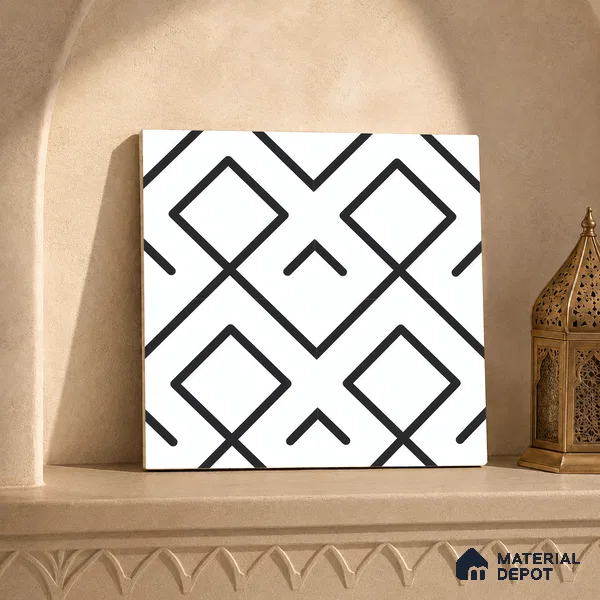 Moroccan Floor & Wall Tile TL 07631 Monochrome Diamond Grid 1 ft x 1 ft Matte Finish Vitrified Tile - 9 mm | Suitable For Bathroom, Kitchen, Entryway | Please Expect a Slight Variation of Pattern