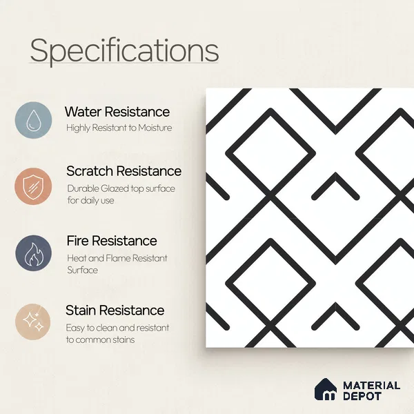 Moroccan Floor & Wall Tile TL 07631 Monochrome Diamond Grid 1 ft x 1 ft Matte Finish Vitrified Tile - 9 mm | Suitable For Bathroom, Kitchen, Entryway | Please Expect a Slight Variation of Pattern