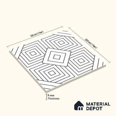 Moroccan Floor & Wall Tile TL 07632 Monochrome Optic Frame 1 ft x 1 ft Matte Finish Vitrified Tile - 9 mm | Suitable For Bathroom, Kitchen, Entryway | Please Expect a Slight Variation of Pattern