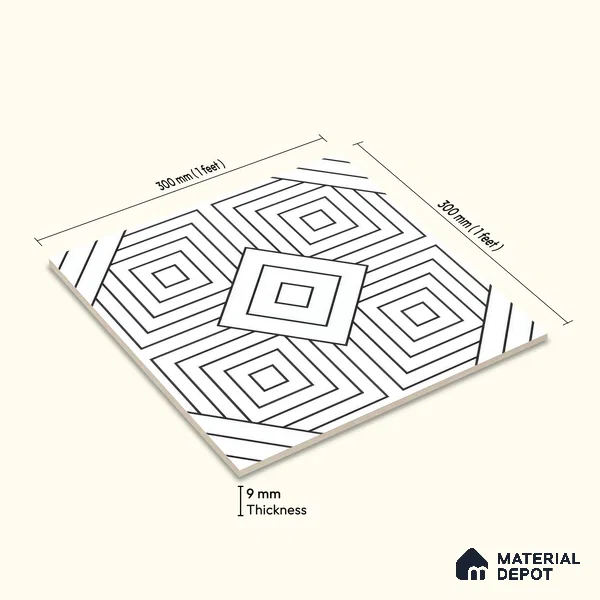 Moroccan Floor & Wall Tile TL 07632 Monochrome Optic Frame 1 ft x 1 ft Matte Finish Vitrified Tile - 9 mm | Suitable For Bathroom, Kitchen, Entryway | Please Expect a Slight Variation of Pattern