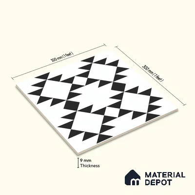 Moroccan Floor & Wall Tile TL 07634 Monochrome Tribal Diamond 1 ft x 1 ft Matte Finish Vitrified Tile - 9 mm | Suitable For Bathroom, Kitchen, Entryway | Please Expect a Slight Variation of Pattern