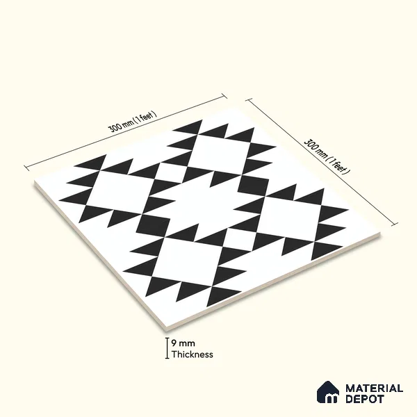 Moroccan Floor & Wall Tile TL 07634 Monochrome Tribal Diamond 1 ft x 1 ft Matte Finish Vitrified Tile - 9 mm | Suitable For Bathroom, Kitchen, Entryway | Please Expect a Slight Variation of Pattern