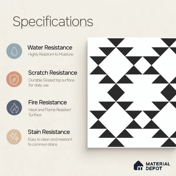 Moroccan Floor & Wall Tile TL 07634 Monochrome Tribal Diamond 1 ft x 1 ft Matte Finish Vitrified Tile - 9 mm | Suitable For Bathroom, Kitchen, Entryway | Please Expect a Slight Variation of Pattern