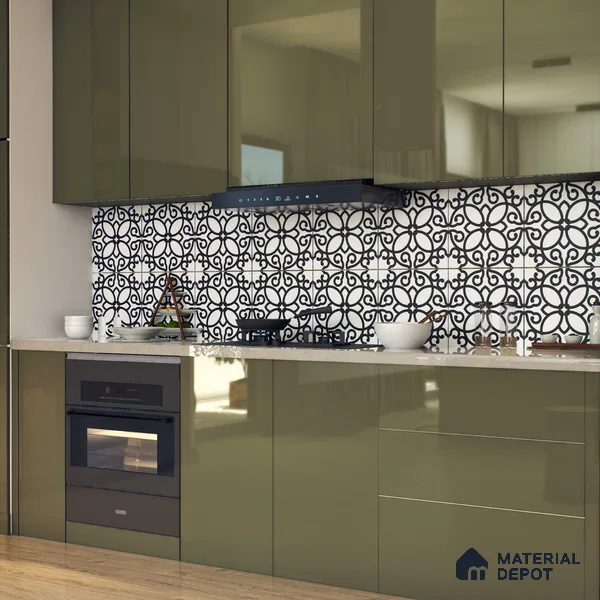 Moroccan Floor & Wall Tile TL 07635 Monochrome Floral Medley 1 ft x 1 ft Matte Finish Vitrified Tile - 9 mm | Suitable For Bathroom, Kitchen, Entryway | Please Expect a Slight Variation of Pattern
