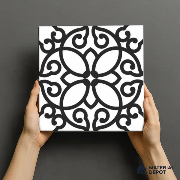Moroccan Floor & Wall Tile TL 07635 Monochrome Floral Medley 1 ft x 1 ft Matte Finish Vitrified Tile - 9 mm | Suitable For Bathroom, Kitchen, Entryway | Please Expect a Slight Variation of Pattern
