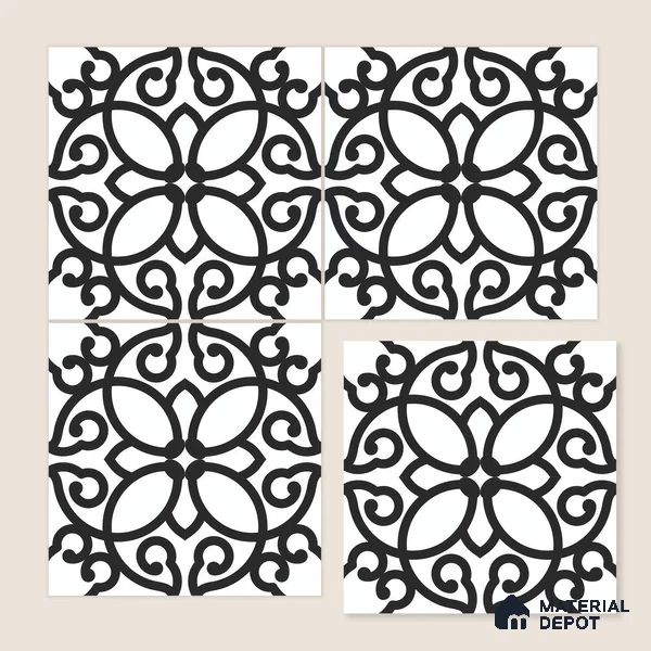 Moroccan Floor & Wall Tile TL 07635 Monochrome Floral Medley 1 ft x 1 ft Matte Finish Vitrified Tile - 9 mm | Suitable For Bathroom, Kitchen, Entryway | Please Expect a Slight Variation of Pattern
