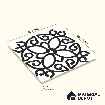 Moroccan Floor & Wall Tile TL 07635 Monochrome Floral Medley 1 ft x 1 ft Matte Finish Vitrified Tile - 9 mm | Suitable For Bathroom, Kitchen, Entryway | Please Expect a Slight Variation of Pattern