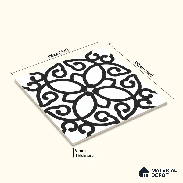 Moroccan Floor & Wall Tile TL 07635 Monochrome Floral Medley 1 ft x 1 ft Matte Finish Vitrified Tile - 9 mm | Suitable For Bathroom, Kitchen, Entryway | Please Expect a Slight Variation of Pattern