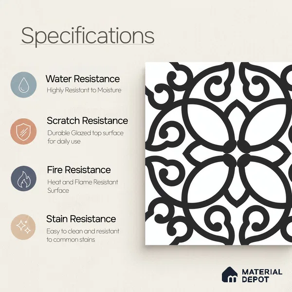 Moroccan Floor & Wall Tile TL 07635 Monochrome Floral Medley 1 ft x 1 ft Matte Finish Vitrified Tile - 9 mm | Suitable For Bathroom, Kitchen, Entryway | Please Expect a Slight Variation of Pattern