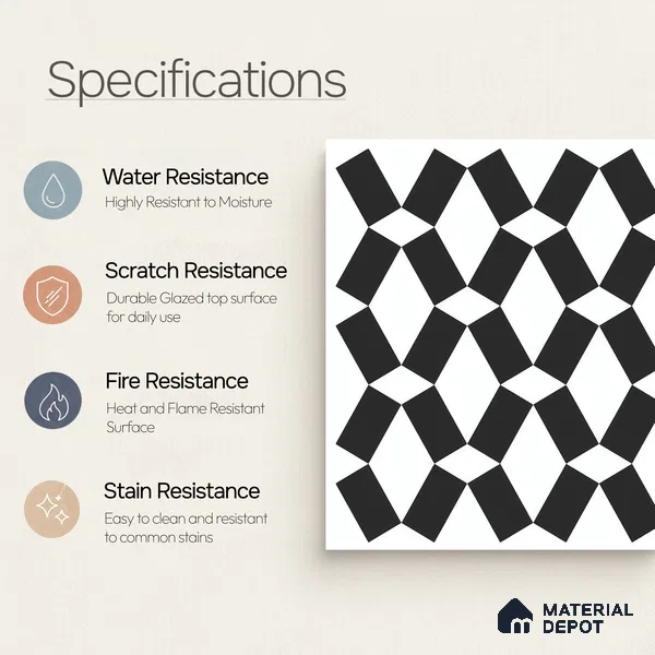 Moroccan Floor & Wall Tile TL 07636 Monochrome Optic Weave 1 ft x 1 ft Matte Finish Vitrified Tile - 9 mm | Suitable For Bathroom, Kitchen, Entryway | Please Expect a Slight Variation of Pattern