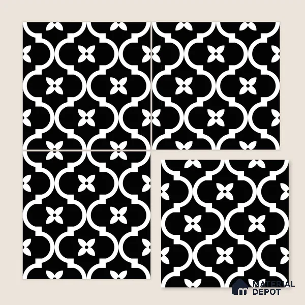 Moroccan Floor & Wall Tile TL 07637 Monochrome Noir Quatrefoil 1 ft x 1 ft Matte Finish Vitrified Tile - 9 mm | Suitable For Bathroom, Kitchen, Entryway | Please Expect a Slight Variation of Pattern