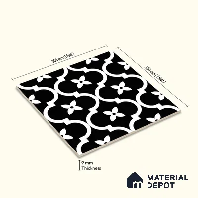 Moroccan Floor & Wall Tile TL 07637 Monochrome Noir Quatrefoil 1 ft x 1 ft Matte Finish Vitrified Tile - 9 mm | Suitable For Bathroom, Kitchen, Entryway | Please Expect a Slight Variation of Pattern