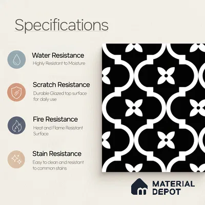 Moroccan Floor & Wall Tile TL 07637 Monochrome Noir Quatrefoil 1 ft x 1 ft Matte Finish Vitrified Tile - 9 mm | Suitable For Bathroom, Kitchen, Entryway | Please Expect a Slight Variation of Pattern