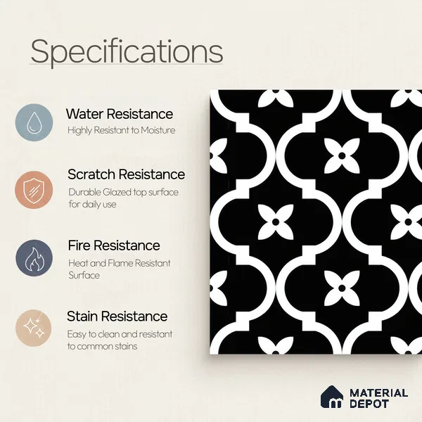 Moroccan Floor & Wall Tile TL 07637 Monochrome Noir Quatrefoil 1 ft x 1 ft Matte Finish Vitrified Tile - 9 mm | Suitable For Bathroom, Kitchen, Entryway | Please Expect a Slight Variation of Pattern