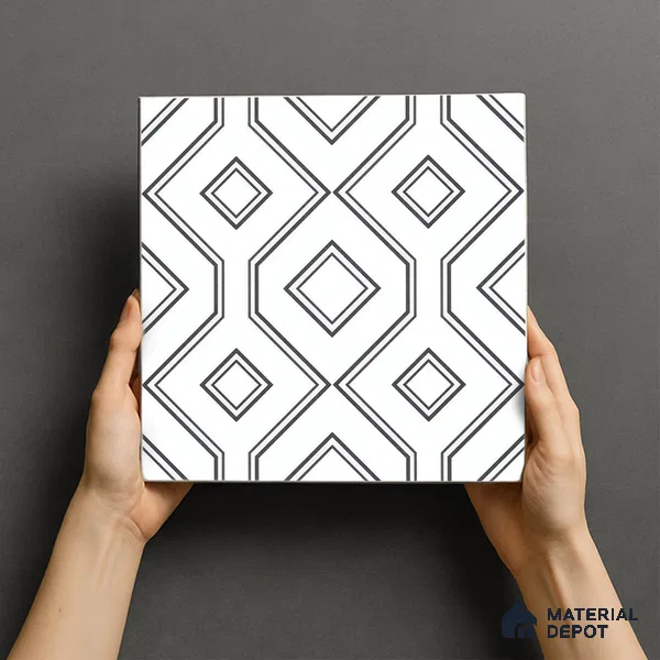 Moroccan Floor & Wall Tile TL 07638 Monochrome Diamond Linea 1 ft x 1 ft Matte Finish Vitrified Tile - 9 mm | Suitable For Bathroom, Kitchen, Entryway | Please Expect a Slight Variation of Pattern