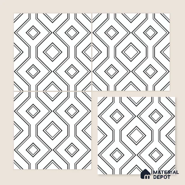 Moroccan Floor & Wall Tile TL 07638 Monochrome Diamond Linea 1 ft x 1 ft Matte Finish Vitrified Tile - 9 mm | Suitable For Bathroom, Kitchen, Entryway | Please Expect a Slight Variation of Pattern