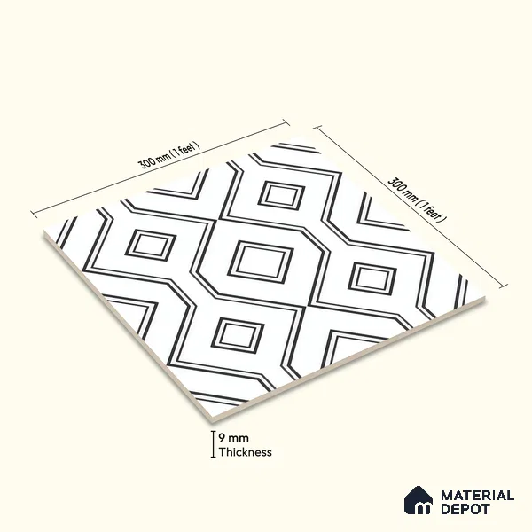 Moroccan Floor & Wall Tile TL 07638 Monochrome Diamond Linea 1 ft x 1 ft Matte Finish Vitrified Tile - 9 mm | Suitable For Bathroom, Kitchen, Entryway | Please Expect a Slight Variation of Pattern