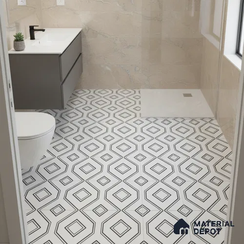 Moroccan Floor & Wall Tile TL 07638 Monochrome Diamond Linea 1 ft x 1 ft Matte Finish Vitrified Tile - 9 mm | Suitable For Bathroom, Kitchen, Entryway | Please Expect a Slight Variation of Pattern