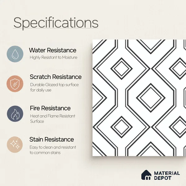 Moroccan Floor & Wall Tile TL 07638 Monochrome Diamond Linea 1 ft x 1 ft Matte Finish Vitrified Tile - 9 mm | Suitable For Bathroom, Kitchen, Entryway | Please Expect a Slight Variation of Pattern