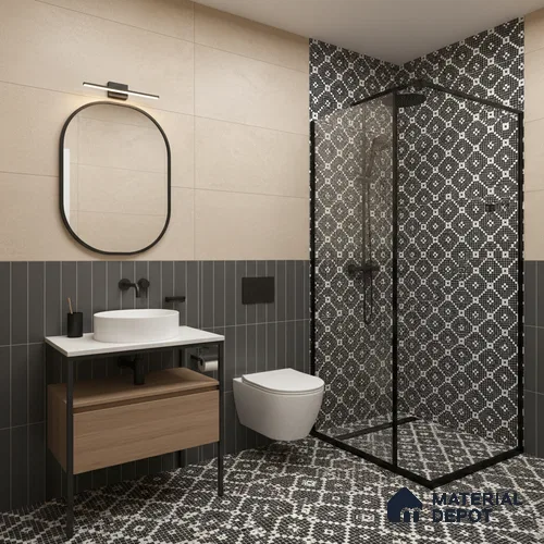 Moroccan Floor & Wall Tile TL 07639 Monochrome Retro Grid 1 ft x 1 ft Matte Finish Vitrified Tile - 9 mm | Suitable For Bathroom, Kitchen, Entryway | Please Expect a Slight Variation of Pattern