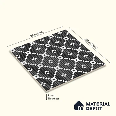 Moroccan Floor & Wall Tile TL 07639 Monochrome Retro Grid 1 ft x 1 ft Matte Finish Vitrified Tile - 9 mm | Suitable For Bathroom, Kitchen, Entryway | Please Expect a Slight Variation of Pattern