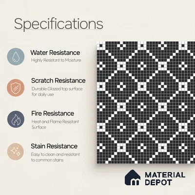 Moroccan Floor & Wall Tile TL 07639 Monochrome Retro Grid 1 ft x 1 ft Matte Finish Vitrified Tile - 9 mm | Suitable For Bathroom, Kitchen, Entryway | Please Expect a Slight Variation of Pattern