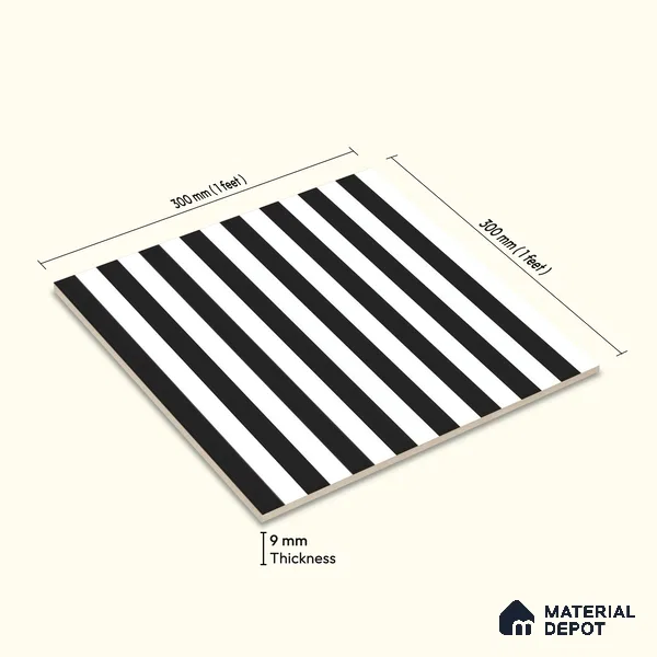 Moroccan Floor & Wall Tile TL 07648 Monochrome Urban Stripe 1 ft x 1 ft Matte Finish Vitrified Tile - 9 mm | Suitable For Bathroom, Kitchen, Entryway | Please Expect a Slight Variation of Pattern