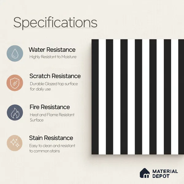 Moroccan Floor & Wall Tile TL 07648 Monochrome Urban Stripe 1 ft x 1 ft Matte Finish Vitrified Tile - 9 mm | Suitable For Bathroom, Kitchen, Entryway | Please Expect a Slight Variation of Pattern