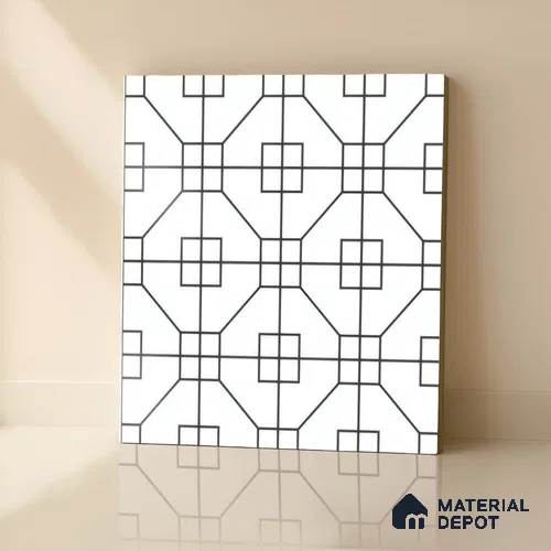 Moroccan Floor & Wall Tile TL 07649 Monochrome Geo Frame 1 ft x 1 ft Matte Finish Vitrified Tile - 9 mm | Suitable For Bathroom, Kitchen, Entryway | Please Expect a Slight Variation of Pattern