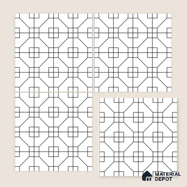 Moroccan Floor & Wall Tile TL 07649 Monochrome Geo Frame 1 ft x 1 ft Matte Finish Vitrified Tile - 9 mm | Suitable For Bathroom, Kitchen, Entryway | Please Expect a Slight Variation of Pattern