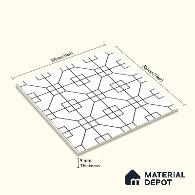Moroccan Floor & Wall Tile TL 07649 Monochrome Geo Frame 1 ft x 1 ft Matte Finish Vitrified Tile - 9 mm | Suitable For Bathroom, Kitchen, Entryway | Please Expect a Slight Variation of Pattern