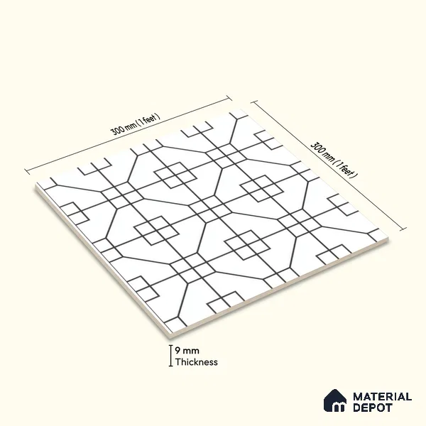 Moroccan Floor & Wall Tile TL 07649 Monochrome Geo Frame 1 ft x 1 ft Matte Finish Vitrified Tile - 9 mm | Suitable For Bathroom, Kitchen, Entryway | Please Expect a Slight Variation of Pattern