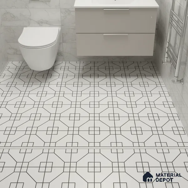 Moroccan Floor & Wall Tile TL 07649 Monochrome Geo Frame 1 ft x 1 ft Matte Finish Vitrified Tile - 9 mm | Suitable For Bathroom, Kitchen, Entryway | Please Expect a Slight Variation of Pattern