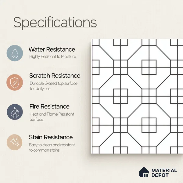Moroccan Floor & Wall Tile TL 07649 Monochrome Geo Frame 1 ft x 1 ft Matte Finish Vitrified Tile - 9 mm | Suitable For Bathroom, Kitchen, Entryway | Please Expect a Slight Variation of Pattern