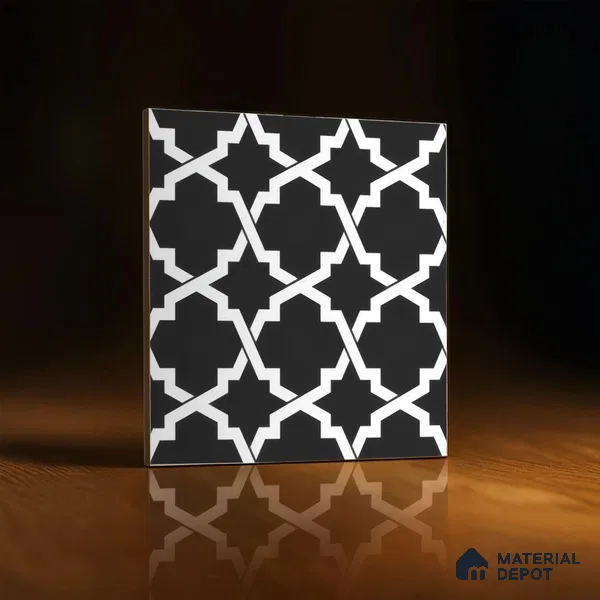 Moroccan Floor & Wall Tile TL 07650 Monochrome Arabesque Star 1 ft x 1 ft Matte Finish Vitrified Tile - 9 mm | Suitable For Bathroom, Kitchen, Entryway | Please Expect a Slight Variation of Pattern