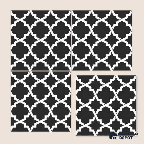 Moroccan Floor & Wall Tile TL 07650 Monochrome Arabesque Star 1 ft x 1 ft Matte Finish Vitrified Tile - 9 mm | Suitable For Bathroom, Kitchen, Entryway | Please Expect a Slight Variation of Pattern