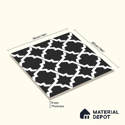 Moroccan Floor & Wall Tile TL 07650 Monochrome Arabesque Star 1 ft x 1 ft Matte Finish Vitrified Tile - 9 mm | Suitable For Bathroom, Kitchen, Entryway | Please Expect a Slight Variation of Pattern