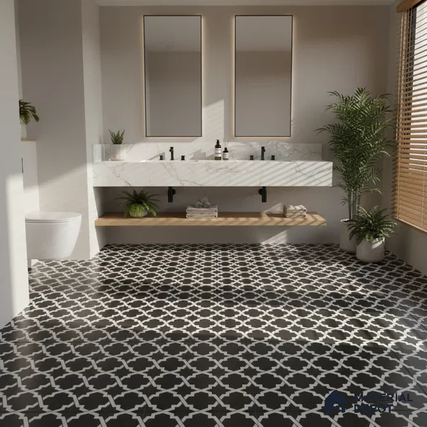 Moroccan Floor & Wall Tile TL 07650 Monochrome Arabesque Star 1 ft x 1 ft Matte Finish Vitrified Tile - 9 mm | Suitable For Bathroom, Kitchen, Entryway | Please Expect a Slight Variation of Pattern