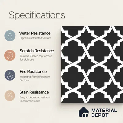 Moroccan Floor & Wall Tile TL 07650 Monochrome Arabesque Star 1 ft x 1 ft Matte Finish Vitrified Tile - 9 mm | Suitable For Bathroom, Kitchen, Entryway | Please Expect a Slight Variation of Pattern